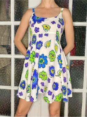 Floral 90s Sundress in White with Blue & Green Flowers